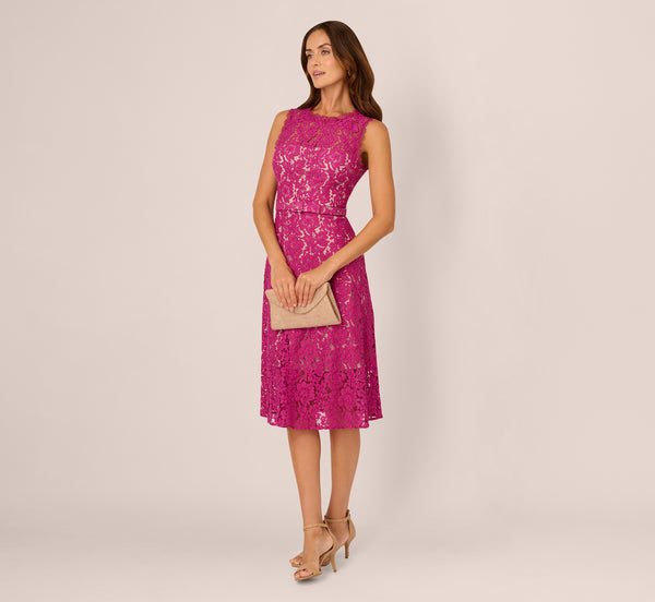 adrianna papell Sleeveless Lace Fit And Flare Dress With Sheer Details In Orchid