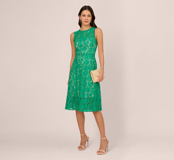 Adrianna Papell Sleeveless Lace Fit And Flare Dress With Sheer Details In Botanic Green