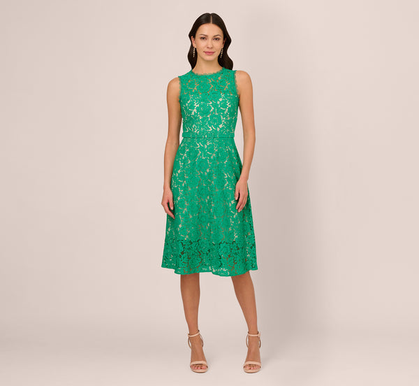 Adrianna Papell Sleeveless Lace Fit And Flare Dress With Sheer Details In Botanic Green