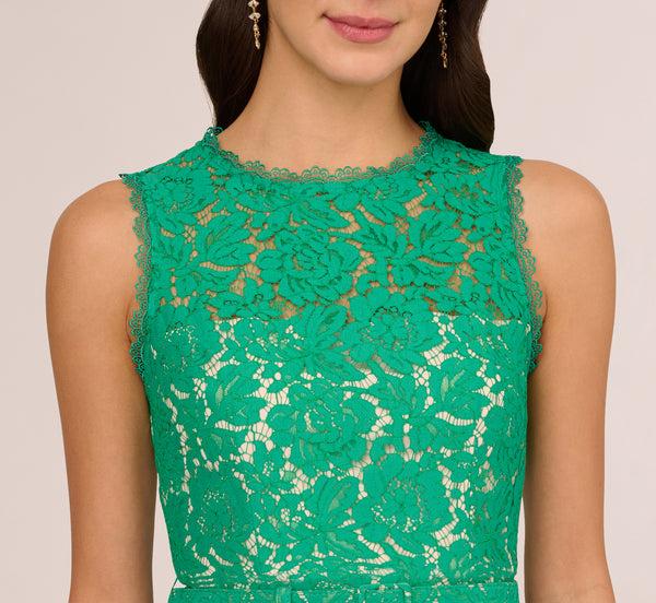 Adrianna Papell Sleeveless Lace Fit And Flare Dress With Sheer Details In Botanic Green