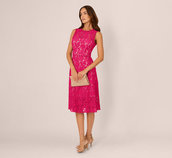 adrianna papell Sleeveless Lace Fit And Flare Dress With Sheer Details In Tropical Pink