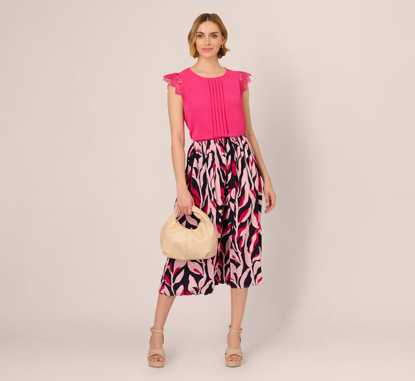 Adrianna Papell Sleeveless Lace Shoulder Pintucked Top In Hot Pink