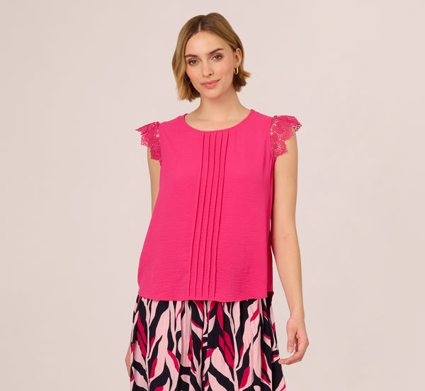 Adrianna Papell Sleeveless Lace Shoulder Pintucked Top In Hot Pink
