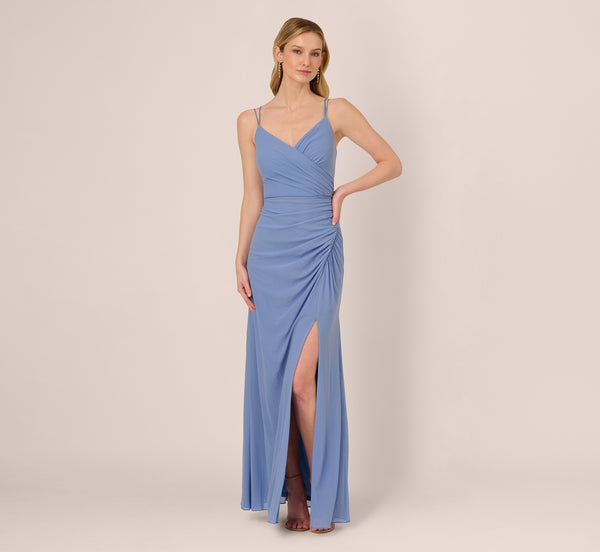 Adrianna Papell Sleeveless Mesh Gathered And Draped Gown In French Blue