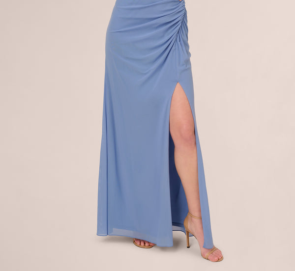 Adrianna Papell Sleeveless Mesh Gathered And Draped Gown In French Blue
