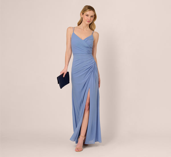 adrianna papell Sleeveless Mesh Gathered And Draped Gown In French Blue