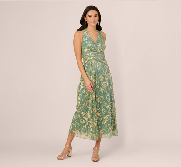 Adrianna Papell Sleeveless Metallic Crinkle Midi Dress In Sage Gold
