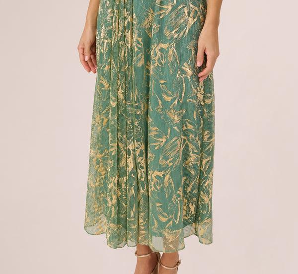 Adrianna Papell Sleeveless Metallic Crinkle Midi Dress In Sage Gold