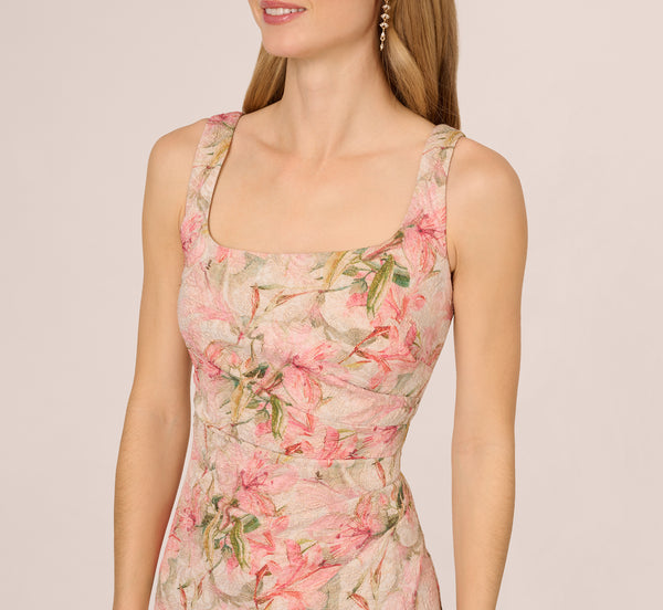 Adrianna Papell Sleeveless Metallic Floral Matelasse Gown In Coral Multi