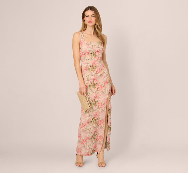 adrianna papell Sleeveless Metallic Floral Matelasse Gown In Coral Multi