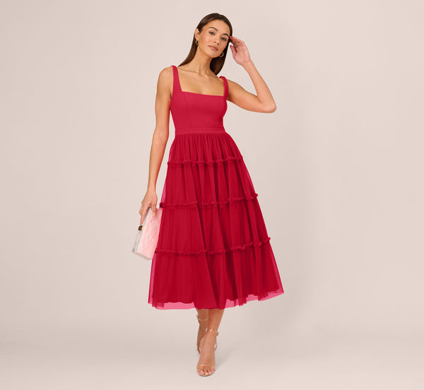 Adrianna Papell Sleeveless Midi Dress With Square Neck And Tiered Skirt In Matador Red