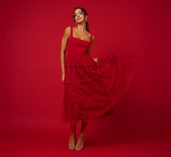 adrianna papell Sleeveless Midi Dress With Square Neck And Tiered Skirt In Matador Red