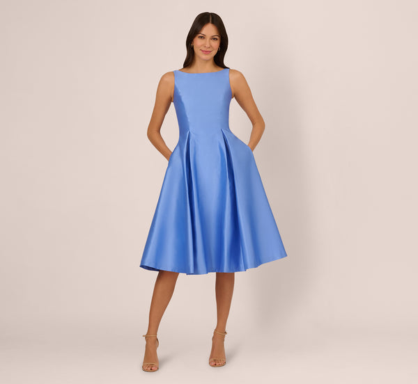 Adrianna Papell Sleeveless Mikado Fit And Flare Midi Dress With V-Back In Electric Ice