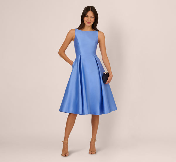 adrianna papell Sleeveless Mikado Fit And Flare Midi Dress With V-Back In Electric Ice