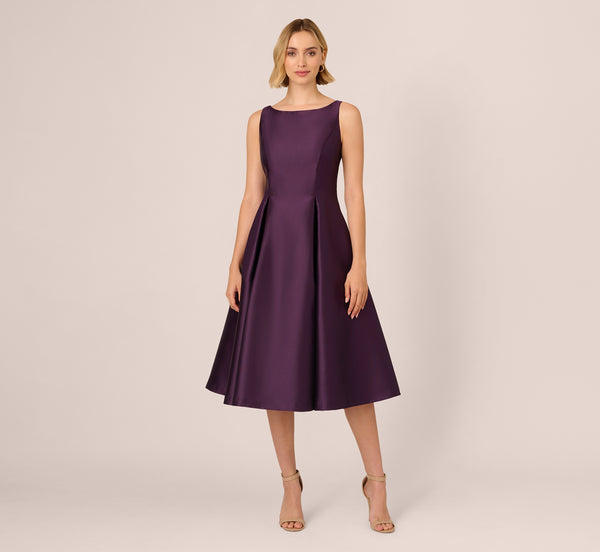 Adrianna Papell Sleeveless Mikado Fit And Flare Midi Dress With V-Back In Luxe Plum