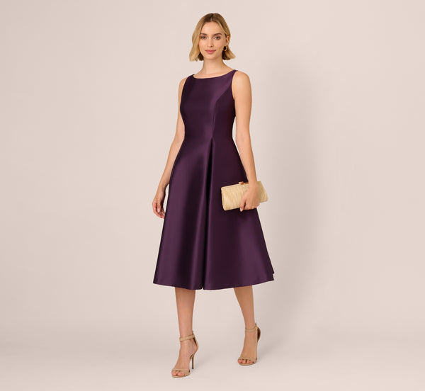 adrianna papell Sleeveless Mikado Fit And Flare Midi Dress With V-Back In Luxe Plum