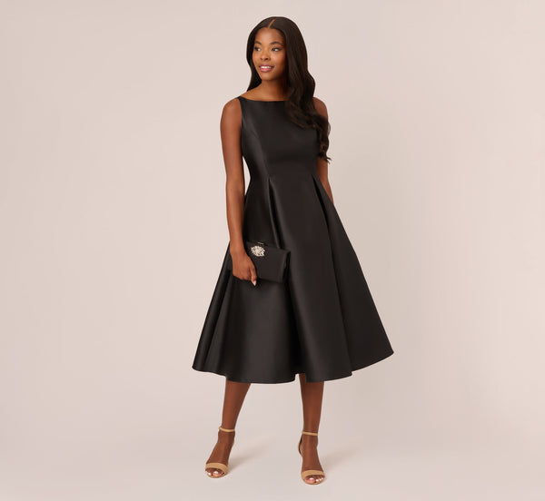 Adrianna Papell Sleeveless Mikado Fit And Flare Midi Dress With V-Back In Black
