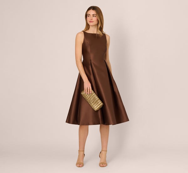 adrianna papell Sleeveless Mikado Fit And Flare Midi Dress With V-Back In Espresso