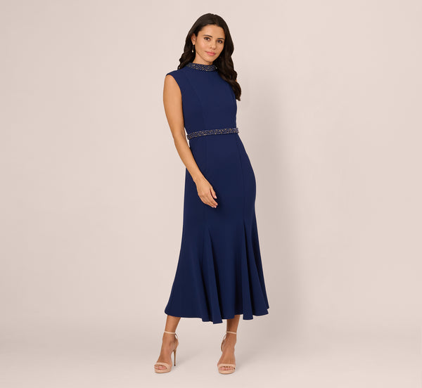 Adrianna Papell Sleeveless Mock Neck Pearly Midi Dress In Navy Sateen