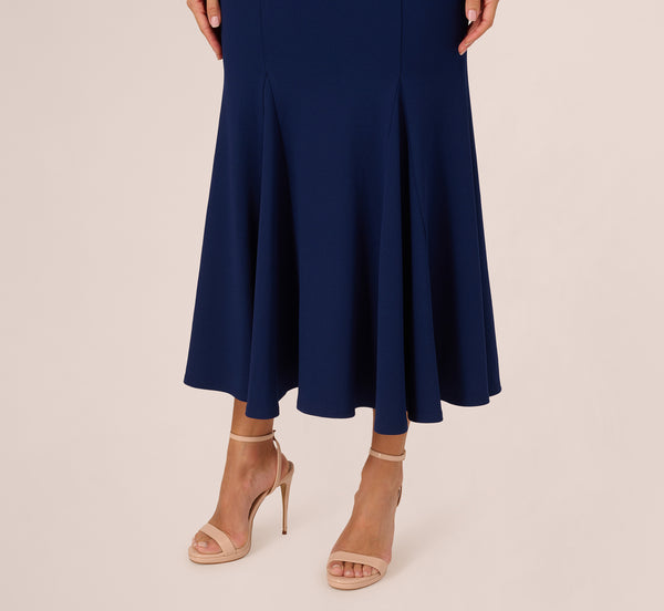 Adrianna Papell Sleeveless Mock Neck Pearly Midi Dress In Navy Sateen
