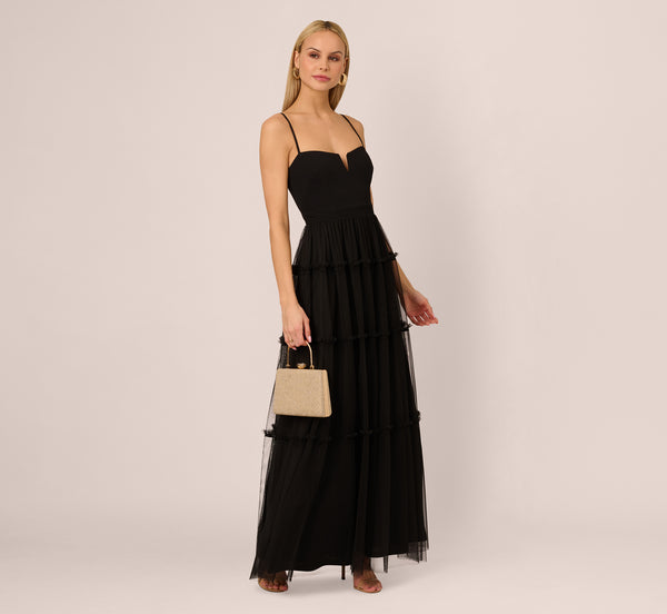 Adrianna Papell Sleeveless Notch Neck Tiered Mesh Gown In Black