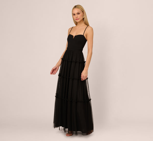 Adrianna Papell Sleeveless Notch Neck Tiered Mesh Gown In Black