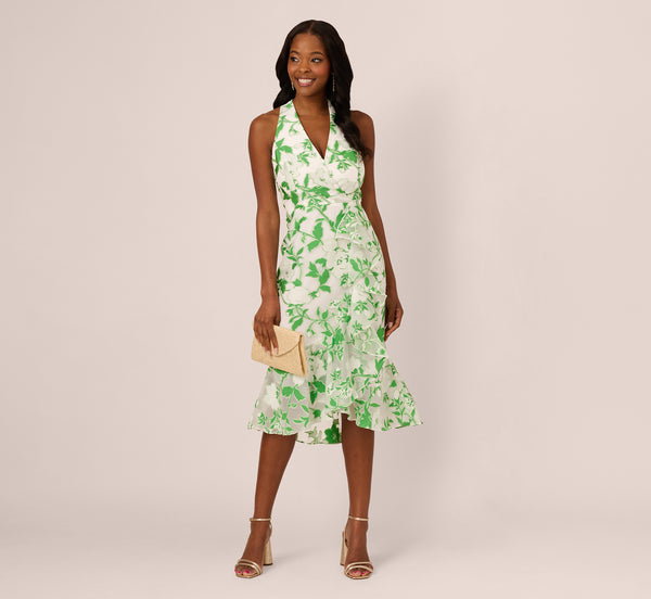 Adrianna Papell Sleeveless Organza Jacquard Mermaid Midi Dress In Green Ivory