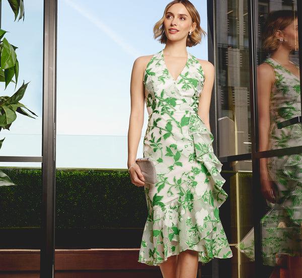 adrianna papell Sleeveless Organza Jacquard Mermaid Midi Dress In Green Ivory