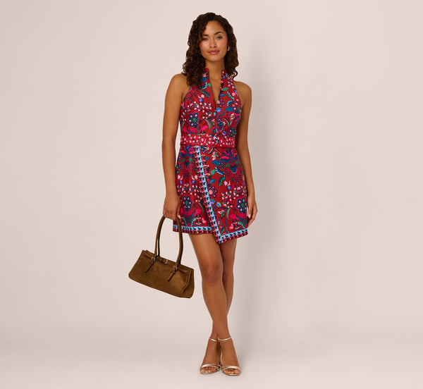 adrianna papell Sleeveless Paisley Wrap Skirt Short Dress In Brown Multi