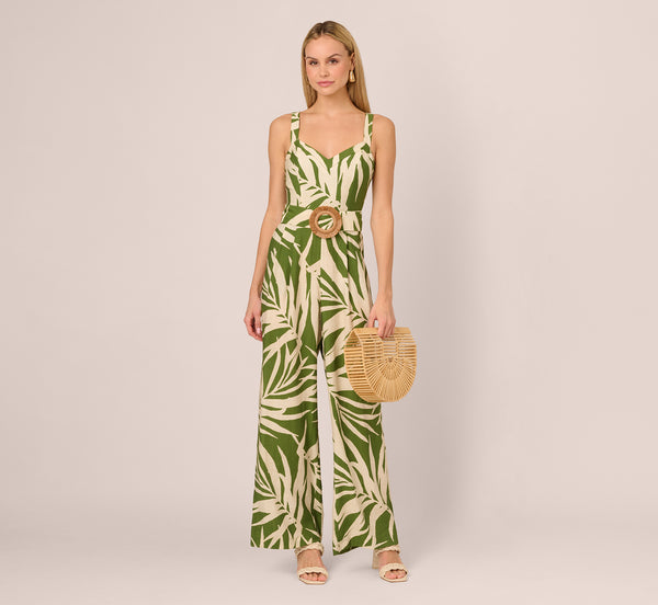 Adrianna Papell Sleeveless Palm Leaf Wide Leg Jumpsuit In Green Ivory