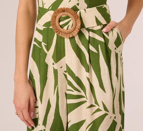Adrianna Papell Sleeveless Palm Leaf Wide Leg Jumpsuit In Green Ivory