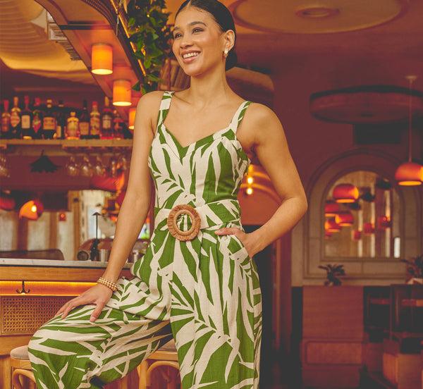 adrianna papell Sleeveless Palm Leaf Wide Leg Jumpsuit In Green Ivory adrianna papell Sleeveless Palm Leaf Wide Leg Jumpsuit In Green Ivory