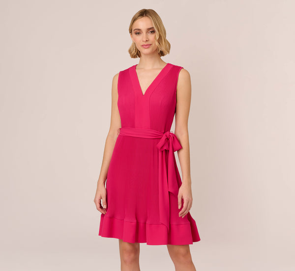 Adrianna Papell Sleeveless Pleated Dress With Self Tie Waist In Hot Pink