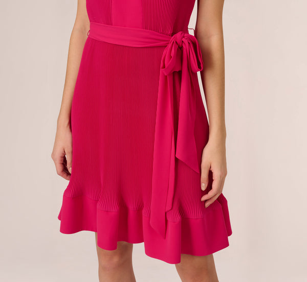 Adrianna Papell Sleeveless Pleated Dress With Self Tie Waist In Hot Pink