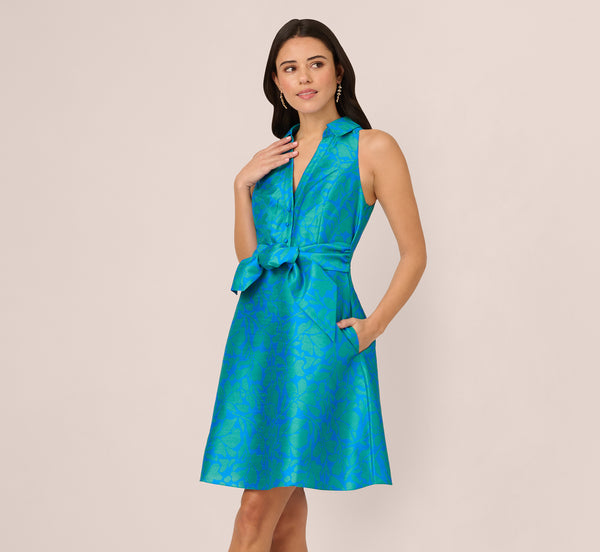 Adrianna Papell Sleeveless Printed Tie Front Short Dress In Blue Green