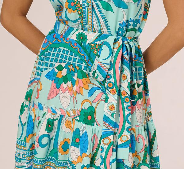 Adrianna Papell Sleeveless Retro Printed Short Sundress In Mint Multi
