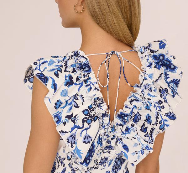 Adrianna Papell Sleeveless Ruffle Collar Printed Midi Dress In White Blue Multi