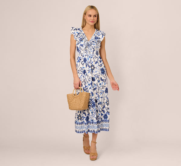 adrianna papell Sleeveless Ruffle Collar Printed Midi Dress In White Blue Multi