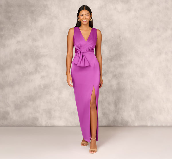 Adrianna Papell Sleeveless Satin Crepe Column Gown With Bow Waist In Wild Orchid