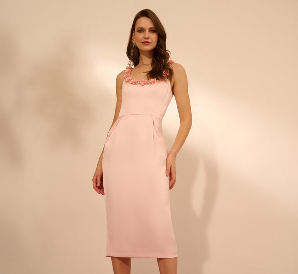 adrianna papell Sleeveless Satin Rosette Midi Sheath Dress In Pink Peach
