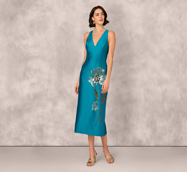 Adrianna Papell Sleeveless Sequin Bead Flower Midi Dress In Peacock
