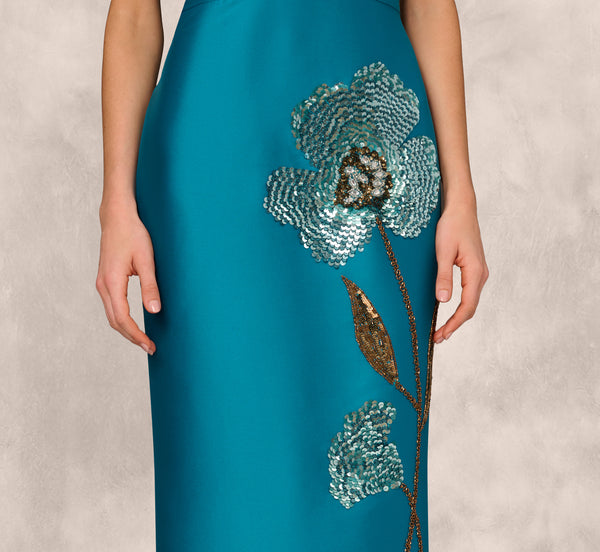 Adrianna Papell Sleeveless Sequin Bead Flower Midi Dress In Peacock