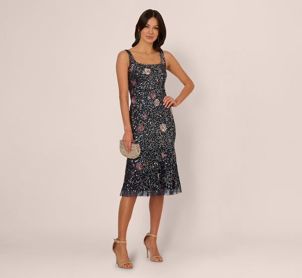 Adrianna Papell Sleeveless Sequin Floral Beaded Midi Dress In Navy Pink Multi