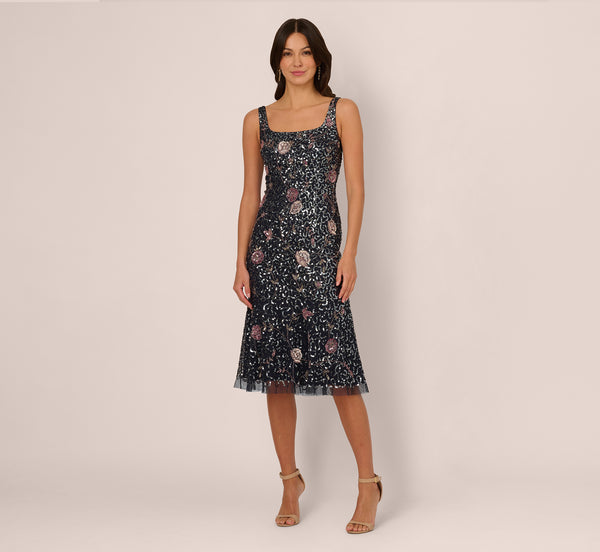 Adrianna Papell Sleeveless Sequin Floral Beaded Midi Dress In Navy Pink Multi
