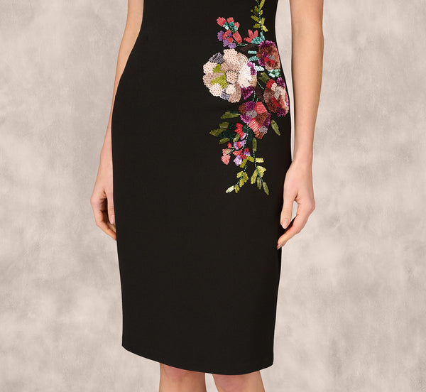 Adrianna Papell Sleeveless Sequin Flower Sheath Midi Dress In Black