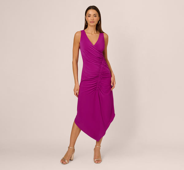 Adrianna Papell Sleeveless Shirred Jersey Midi Dress With Asymmetrical Hem In Wild Magenta