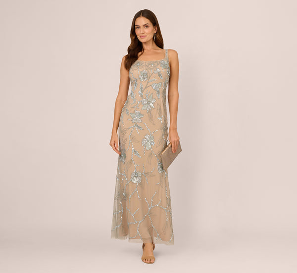 Adrianna Papell Sleeveless Square Neck Beaded Mermaid Gown In Frosted Sage Nude