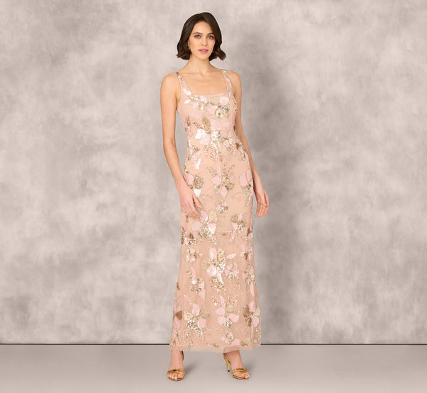 Adrianna Papell Sleeveless Square Neck Floral Beaded Column Gown In Pink