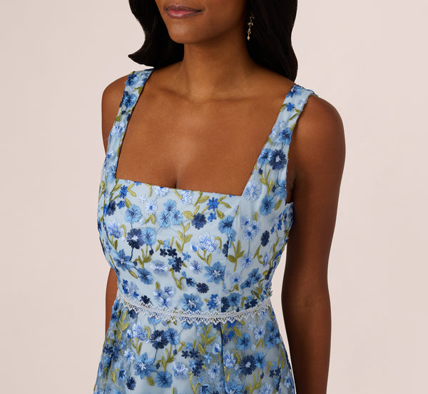 Adrianna Papell Sleeveless Square Neck Floral Embroidered Midi Dress In Blue Multi