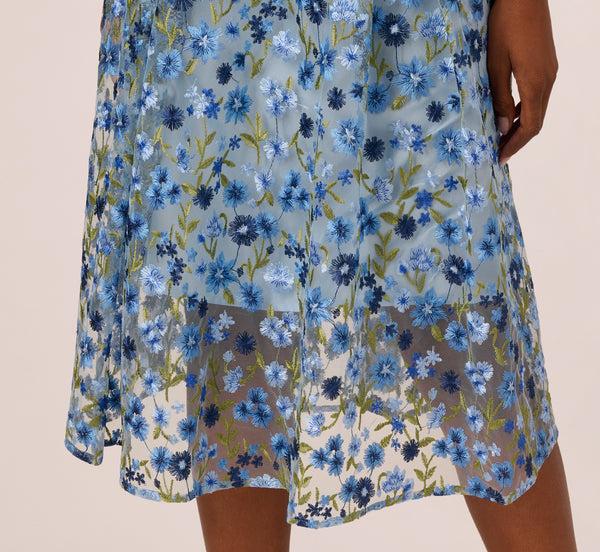 Adrianna Papell Sleeveless Square Neck Floral Embroidered Midi Dress In Blue Multi